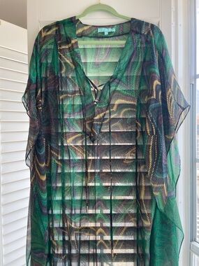 Melissa Odabash Green Sheer Patterned Tie-Neck Tunic